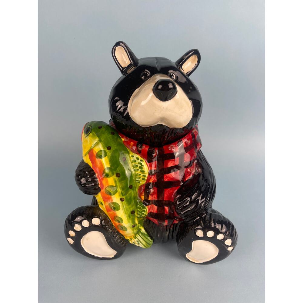 Black Bear Trout Fish Ceramic Cookie Jar Cabin Lodge Country Decor